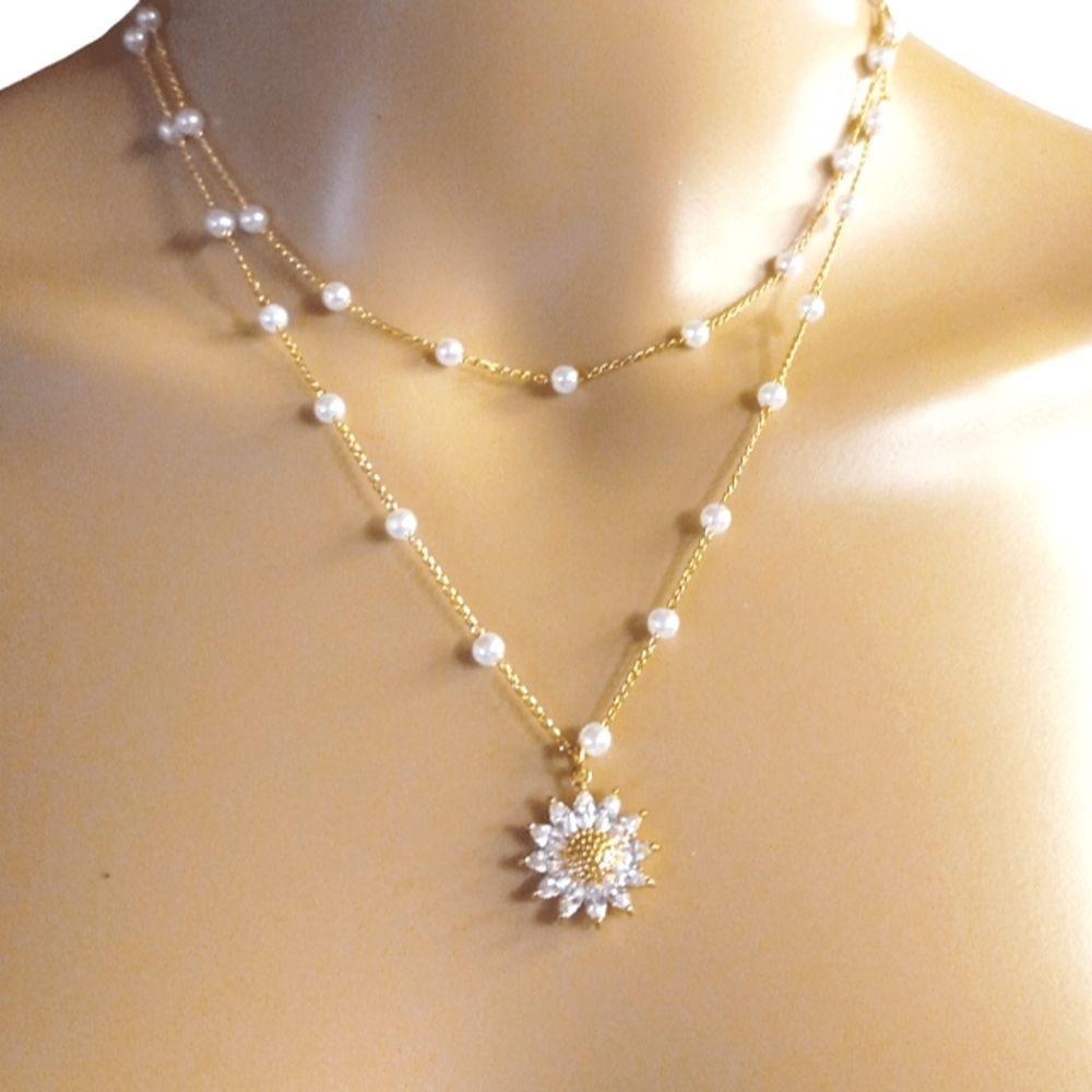 Layered Gold Plated Cubic Zirconia Sunflower & Faux Pearl Necklace